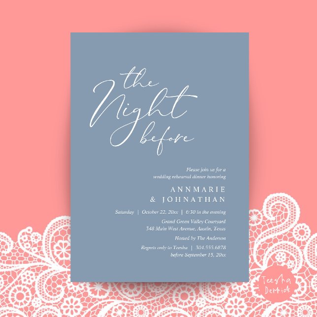 Invitation Le Dîner de Répétition de Mariage Romantique de la (The Night Before Romantic Wedding Rehearsal Dinner Invitation Card in Dusty Blue)