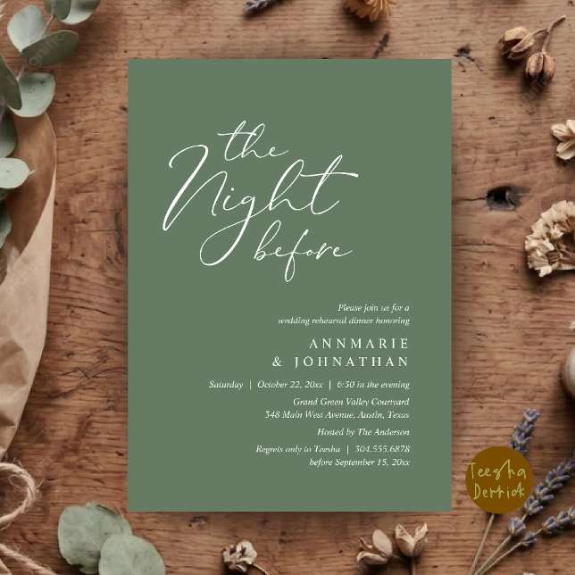 Invitation Le Dîner de Répétition de Mariage Romantique de la (The Night Before Romantic Wedding Rehearsal Dinner Invitation Card in Sage Green)