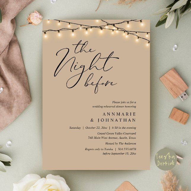 Invitation Le Dîner de Répétition de Mariage Romantique de la (The Night Before Romantic Wedding Rehearsal Dinner Invitation Card in String Lights Brown Tan)