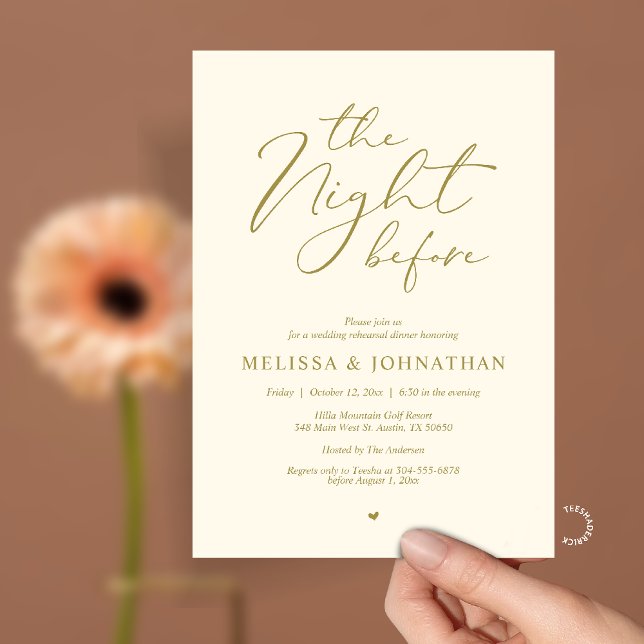 Invitation Le Dîner de Répétition de Mariage Romantique de la (The Night Before Romantic Wedding Rehearsal Dinner Invitation card in yellow gold)