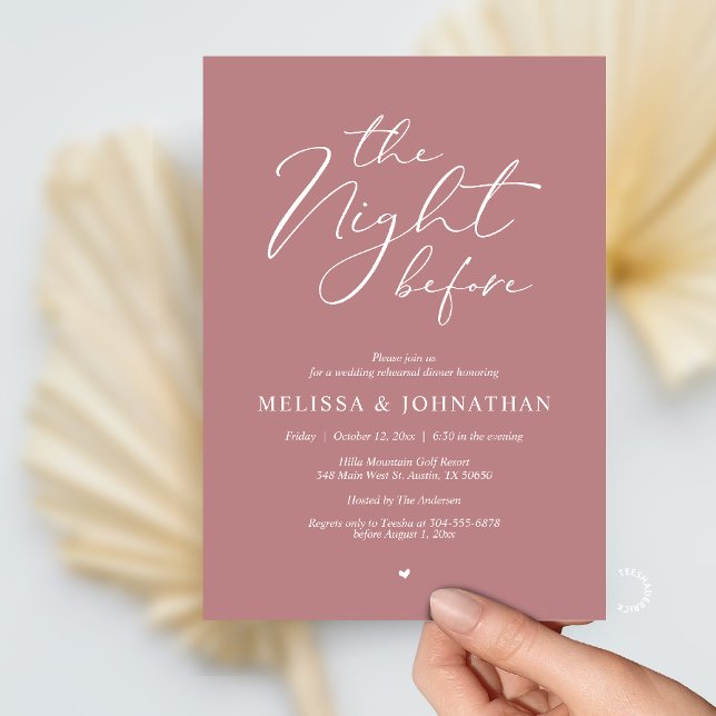Invitation Le Dîner de Répétition de Mariage Romantique de la (The Night Before Romantic Wedding Rehearsal Dinner Invitation card in Dusty Rose Pink)