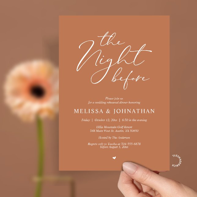 Invitation Le Dîner de Répétition de Mariage Romantique de la (The Night Before Romantic Wedding Rehearsal Dinner Invitation card in Terracotta Brown)