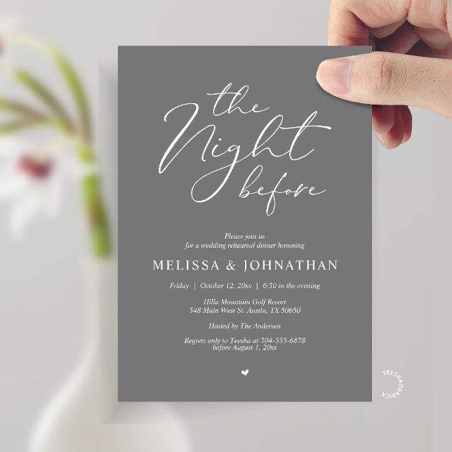 Invitation Le Dîner de Répétition de Mariage Romantique de la (The Night Before Romantic Wedding Rehearsal Dinner Invitation card in Dark Grey)