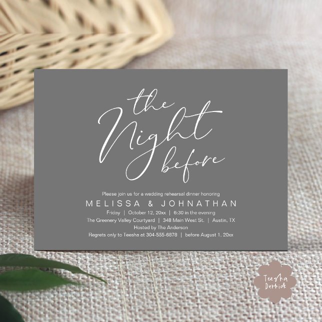 Invitation Le Dîner de Répétition de Mariage Romantique de la (The Night Before Romantic Modern Wedding Rehearsal Dinner Aesthetic Invites PDF Classy Dark Grey)