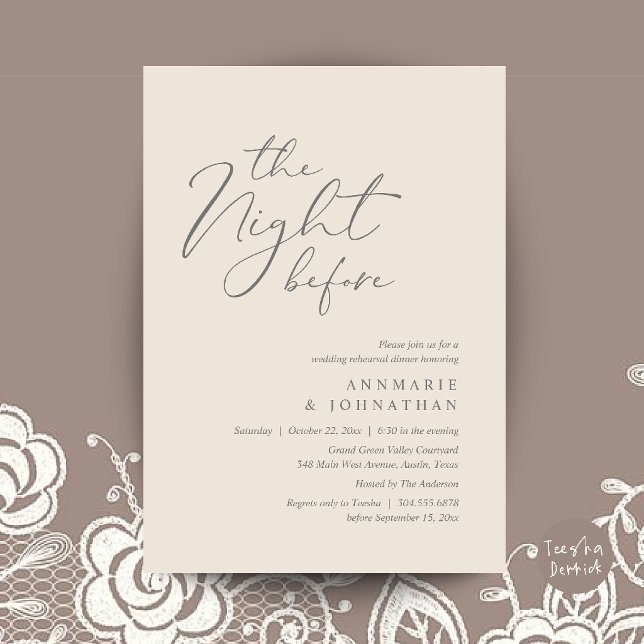Invitation Le Dîner de Répétition de Mariage Romantique la Ve (The Night Before Romantic Wedding Rehearsal Dinner Invitation Card in Cream and Grey)