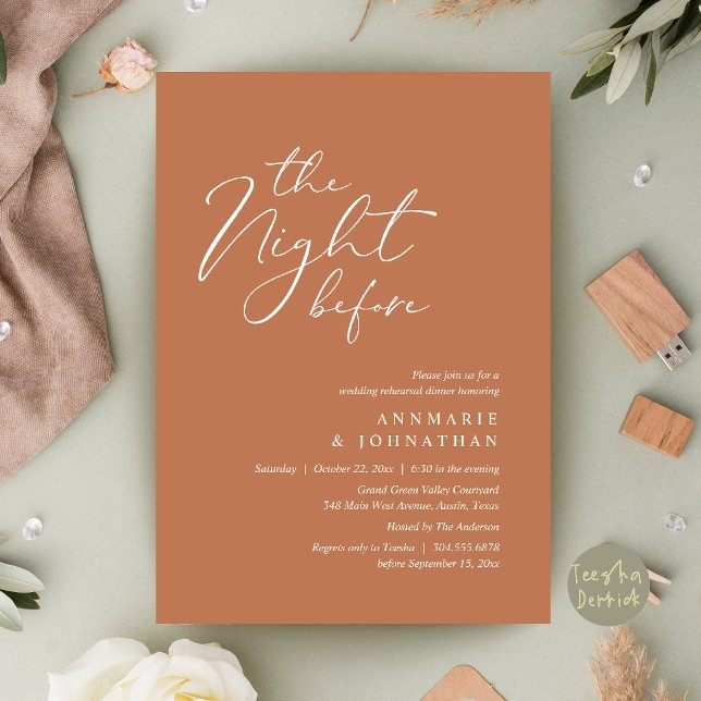 Invitation Le Dîner de Répétition de Mariage Romantique la Ve (The Night Before Romantic Wedding Rehearsal Dinner Invitation Card in Copper Terracotta )