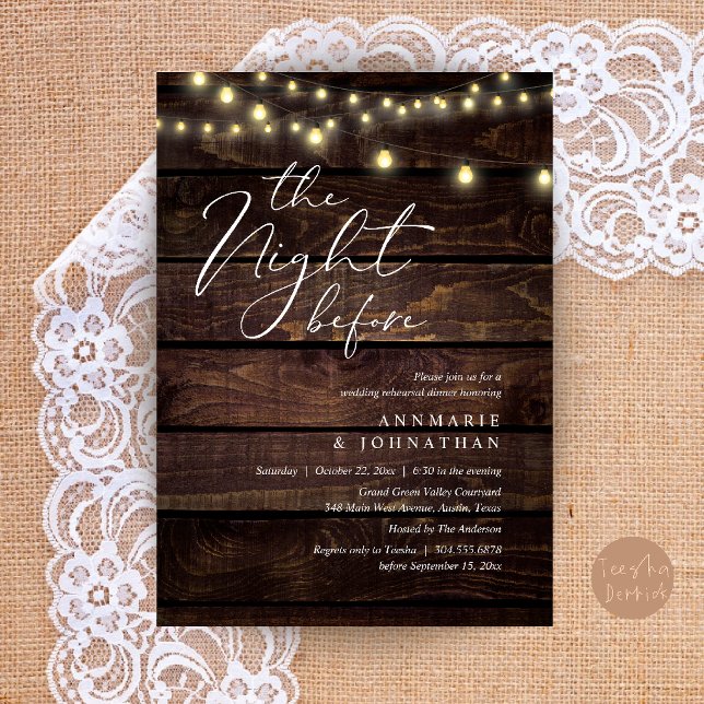 Invitation Le Dîner de Répétition de Mariage Romantique la Ve (The Night Before Romantic Wedding Rehearsal Dinner Invitation Card in String Lights Brown Wood)