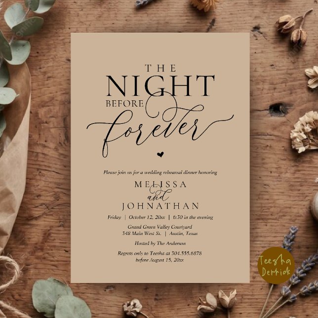 Invitation Le Dîner de Répétition Romantique de la Nuit Avant (The Night Before Forever Romantic Rehearsal Dinner Invitation Card Brown Tan)