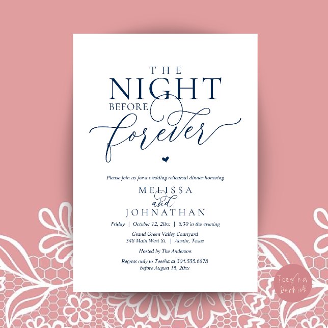 Invitation Le Dîner de Répétition Romantique de la Veille de  (The Night Before Forever Romantic Rehearsal Dinner Invitation Card Navy Blue)
