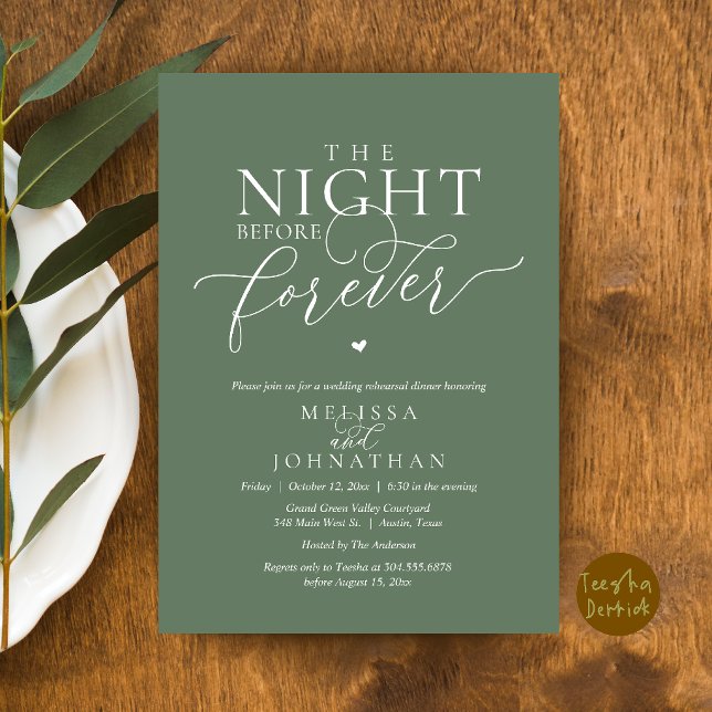 Invitation Le Dîner de Répétition Romantique de la Veille de  (The Night Before Forever Romantic Rehearsal Dinner Invitation Card Sage Green)