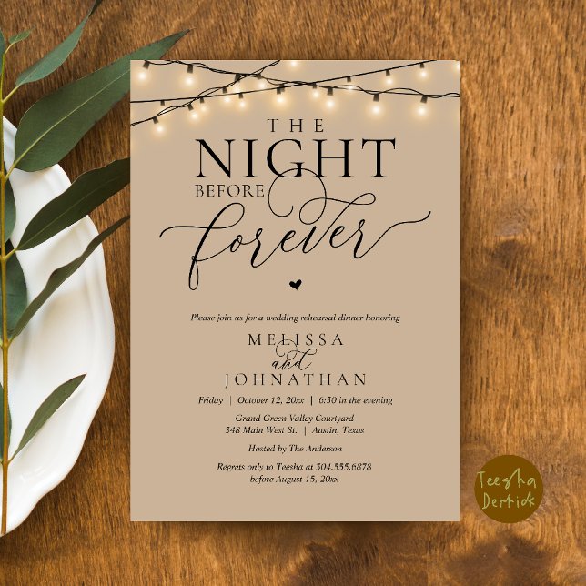 Invitation Le Dîner de Répétition Romantique de la Veille de  (The Night Before Forever Romantic Rehearsal Dinner Invitation Card Brown Tan String Lights)