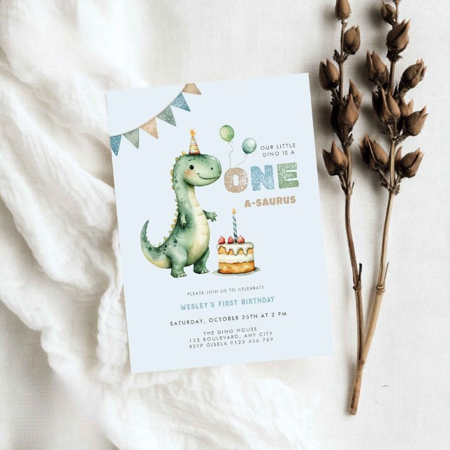 Invitation Le Dino Bleu a un an, Première Fête d'Anniversaire (Blue dinosaur first birthday invitation for boys)