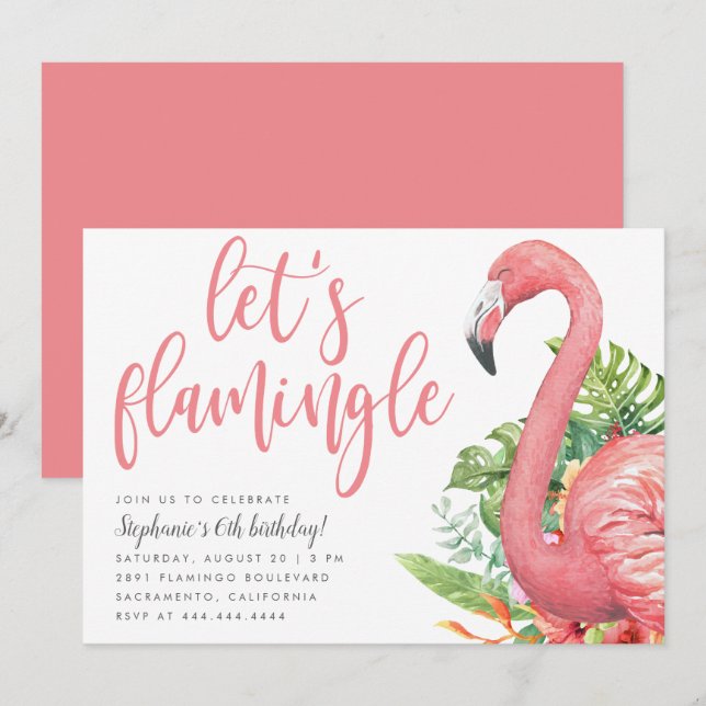 Invitation Le Flamant rose Feuille tropical Flamingle (Devant / Derrière)
