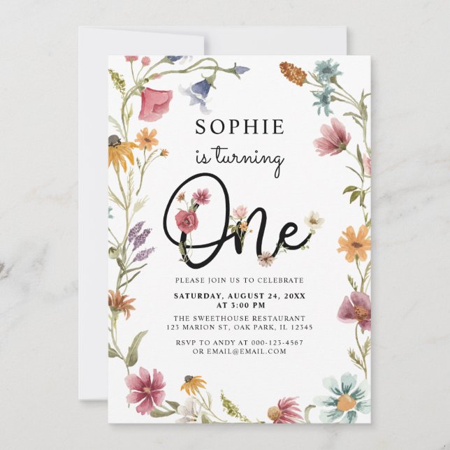 Invitation Le fleur sauvage Tourne Une Fille 1er Anniversaire (Devant)