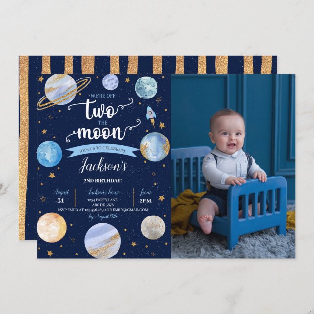 Invitation Le garçon Two The Moon Space Photo Anniversaire (Devant / Derrière)