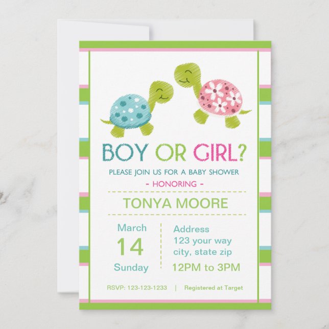 Invitation Le genre de tortue indiquent le baby shower (Devant)