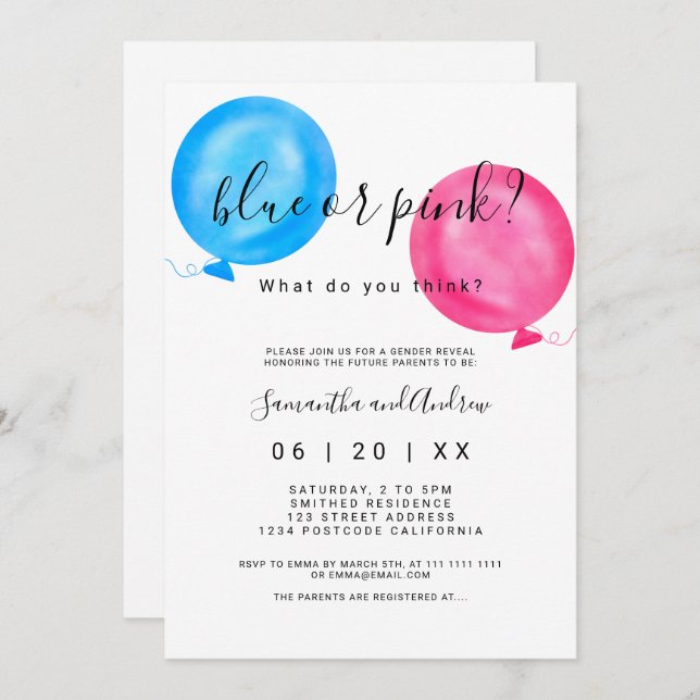Invitation Le genre indiquent la typographie rose de ballons (Devant / Derrière)