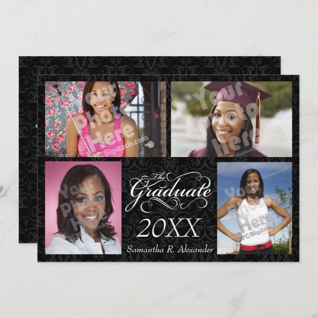 Invitation Le Gradué, Élégant Noir (Devant / Derrière)