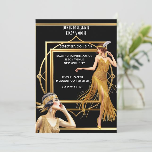 Invitation Le Grand Gatsby noir flapper filles art déco (Debout devant)