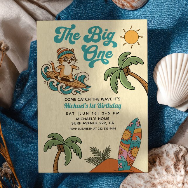 Invitation Le Gros Surfeur Chat Rétro Été 1er Anniversaire (Créateur téléchargé)