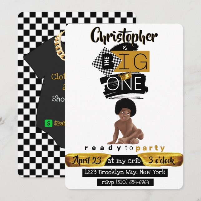 Invitation Le Gros Un| Garçon Bébé Afro Hip Hop Rétro Anniver (Devant / Derrière)