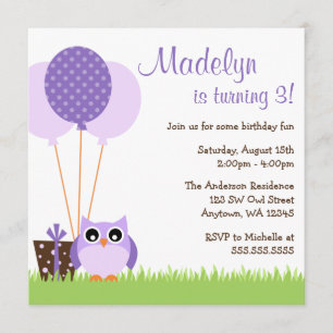 Invitation Le hibou pourpre mignon monte en ballon des
