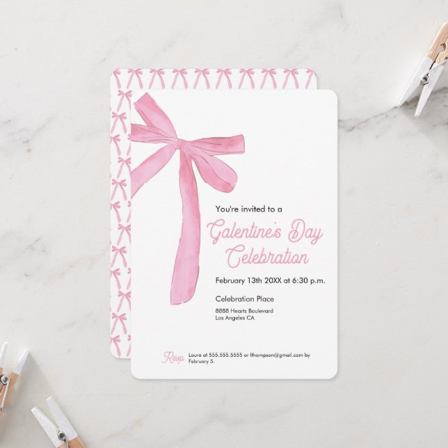 Invitation Le jour de la Saint-Galentin Ruban rose thème arc  (Devant/Arrière en situation)