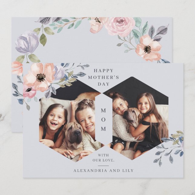 Invitation Le jour de mère floral géométrique bleu (Devant / Derrière)