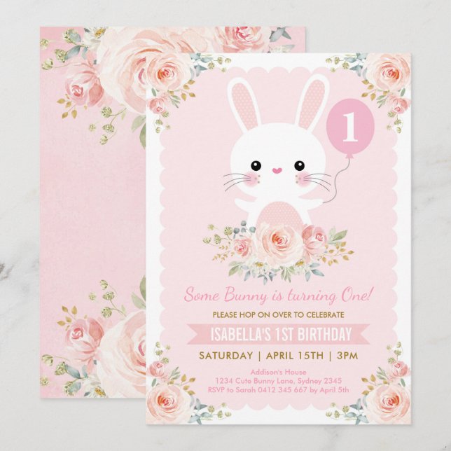 Invitation Le lapin mignon rougissent anniversaire floral de (Devant / Derrière)