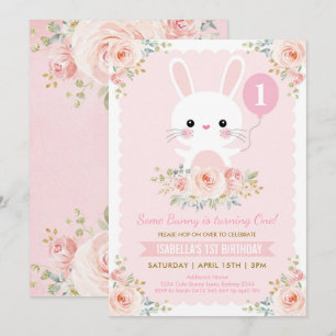 Invitation Le lapin mignon rougissent anniversaire floral de