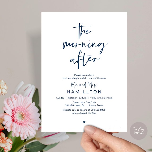 Invitation Le Lendemain, Brunch d'Après Mariage (The Morning After, Post Wedding Brunch Elopement Modern Casual Invites Card PDF in Navy Blue)