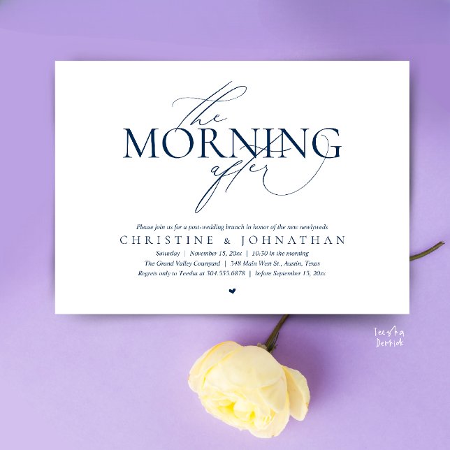 Invitation Le Lendemain, Brunch d'après Mariage Élitiste (The Morning After, Post Wedding Brunch Elopement Invitation Card in warm contemporary Navy Blue)