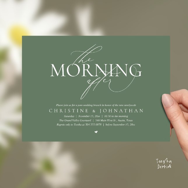 Invitation Le Lendemain, Brunch d'Après-Mariage Évasion (The Morning After, Post Wedding Brunch Elopement Invitation Card in warm contemporary sage green)