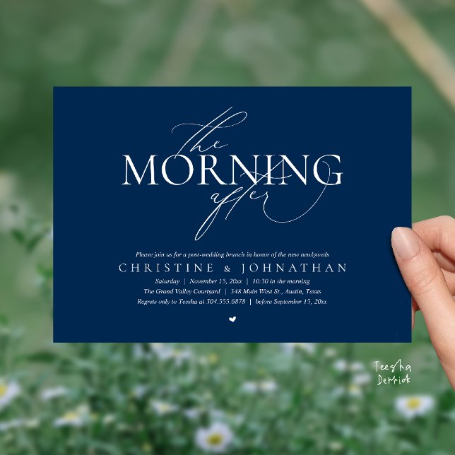 Invitation Le Lendemain, Brunch d'Après-Mariage Évasion (The Morning After, Post Wedding Brunch Elopement Invitation Card in warm contemporary Navy Blue)