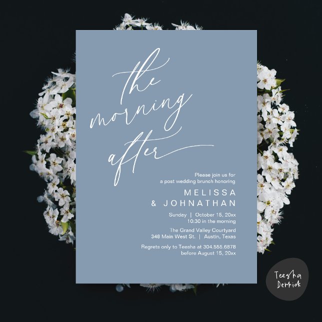 Invitation Le lendemain, Brunch de conte de fées (The Morning After Modern Romantic Post Wedding Elopement Brunch Invitation Card PDF in Dusty Blue)
