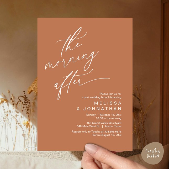 Invitation Le Lendemain, Brunch de Félicité Éternelle (The Morning After Modern Romantic Post Wedding Elopement Brunch Invitation Card PDF in Copper Brown)