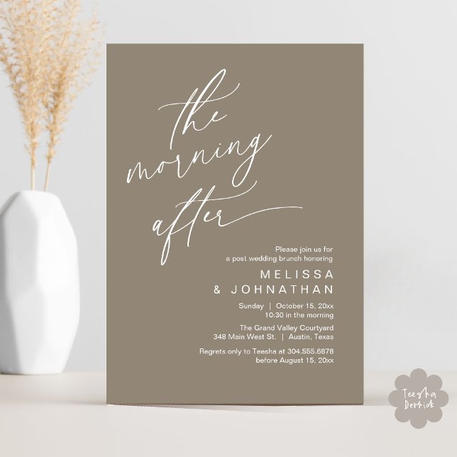 Invitation Le Lendemain, Brunch de Félicité Éternelle (The Morning After Modern Romantic Post Wedding Elopement Brunch Invitation Card PDF in Taupe Brown)