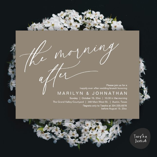 Invitation Le Lendemain, Brunch de Félicité Éternelle (The Morning After Modern Romantic Post Wedding Elopement Brunch Invitation Card PDF in Taupe Brown)