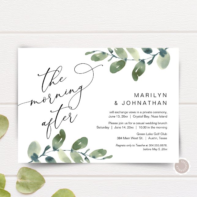 Invitation Le lendemain, Brunch de fuite, Feuillage (The Morning After, Elopement Brunch Party Invitation Card, Greenery Eucalyptus, Digital Download)