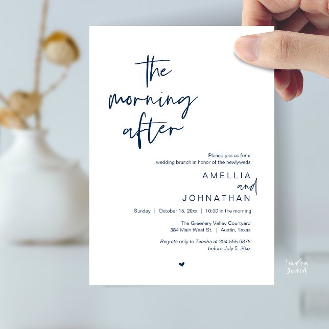 Invitation Le lendemain, brunch moderne après mariage (The morning after, Modern Post Wedding Brunch celebration  Invitation card in navy blue)