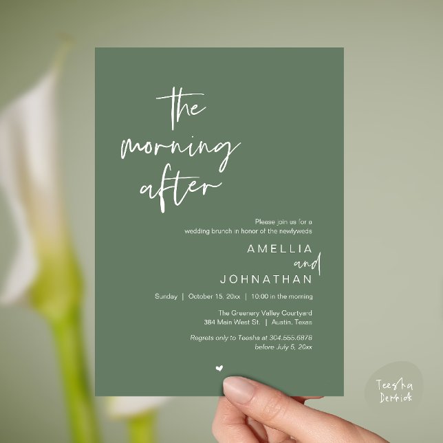 Invitation Le lendemain, brunch moderne d'après-mariage (The morning after, Modern Post Wedding Brunch celebration  Invitation card in sage green)