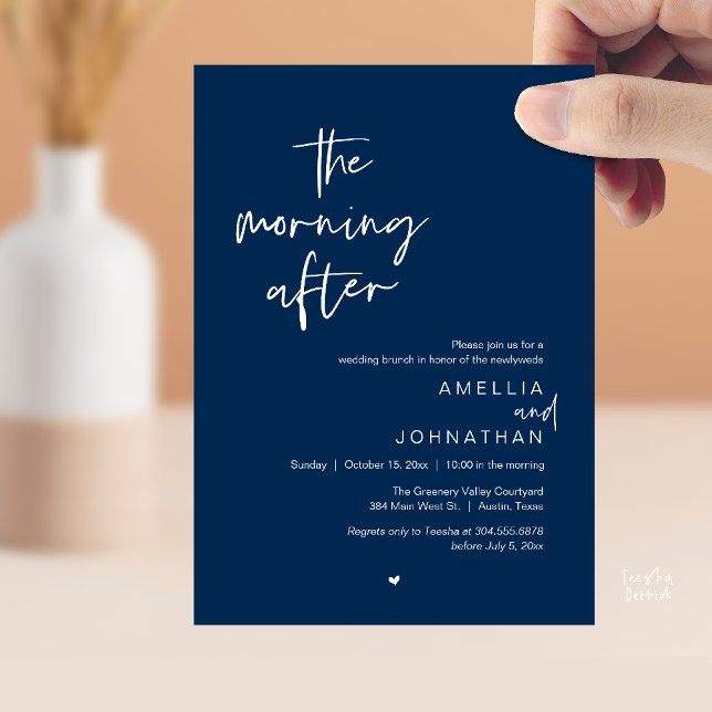 Invitation Le lendemain, brunch moderne d'après-mariage (The morning after, Modern Post Wedding Brunch celebration  Invitation card in navy blue)