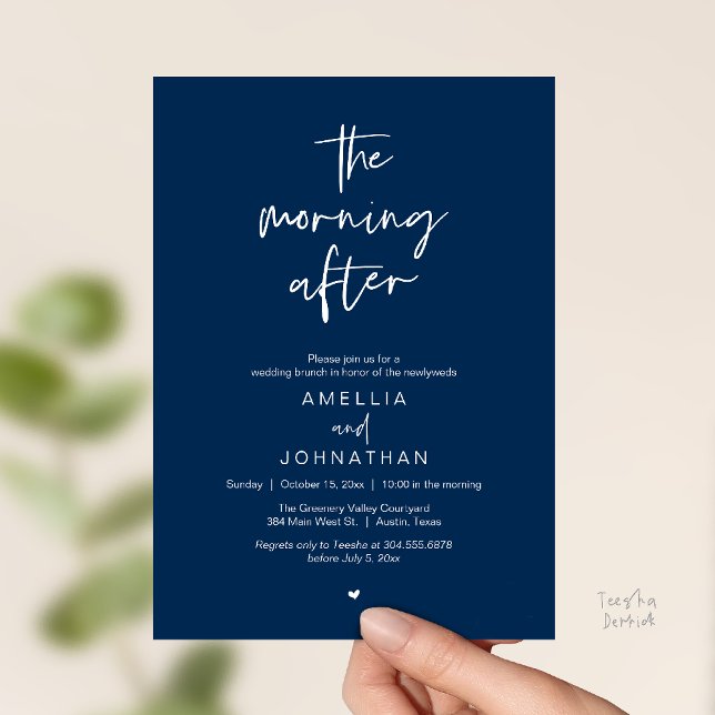 Invitation Le lendemain, brunch moderne d'après-mariage (The morning after, Modern Post Wedding Brunch celebration  Invitation card in navy blue)