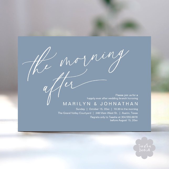 Invitation Le lendemain, Brunch pour toujours heureux (The Morning After Modern Romantic Post Wedding Elopement Brunch Invitation Card PDF in Dusty Blue)