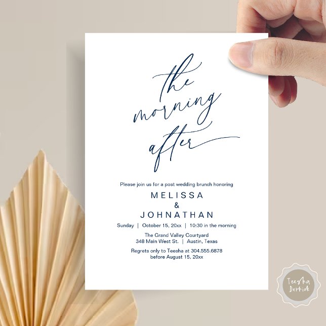 Invitation Le Lendemain, Brunch Romantique de Mariage (The Morning After Modern Romantic Post Wedding Elopement Brunch Invitation Card PDF in Navy Blue)