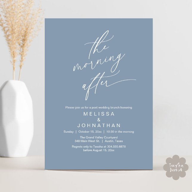 Invitation Le Lendemain, Brunch Romantique de Mariage (The Morning After Modern Romantic Post Wedding Elopement Brunch Invitation Card PDF in Dusty Blue)