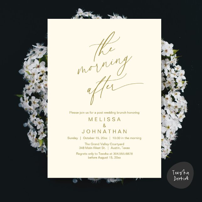 Invitation Le Lendemain, Brunch Romantique de Mariage (The Morning After Modern Romantic Post Wedding Elopement Brunch Invitation Card PDF in Yellow Gold)
