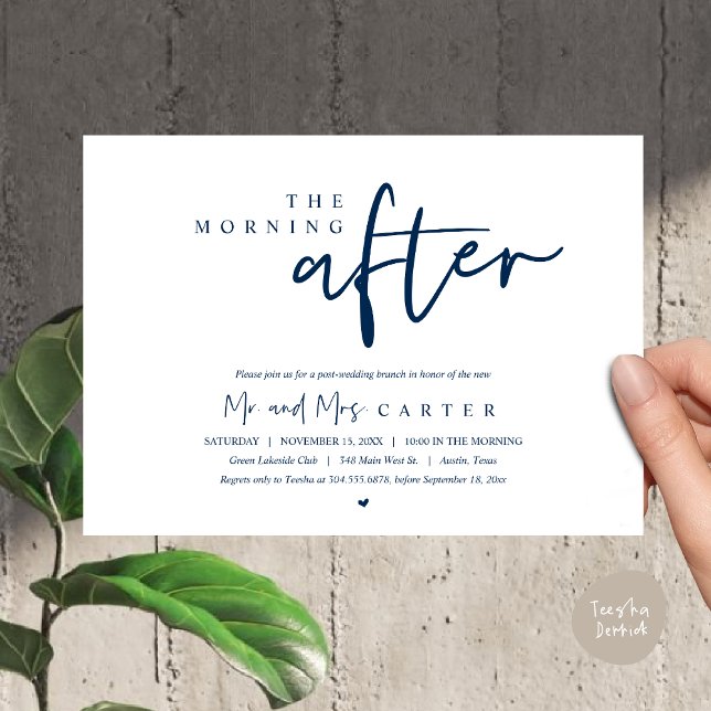 Invitation Le lendemain matin, brunch post-mariage (The Morning After, Post Wedding Brunch Invitation Card PDF Beautiful Summer Classy Navy Blue)