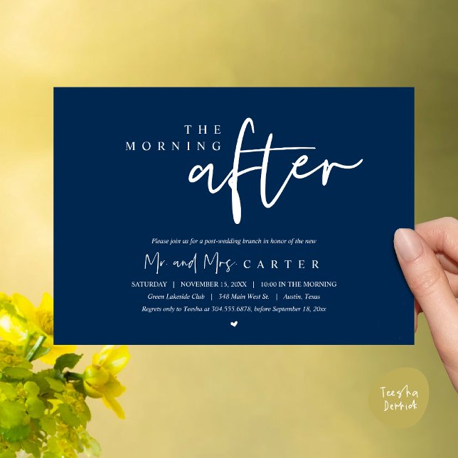 Invitation Le lendemain matin, brunch post-mariage (The Morning After, Post Wedding Brunch Invitation Card PDF Beautiful Summer Classy Navy Blue)