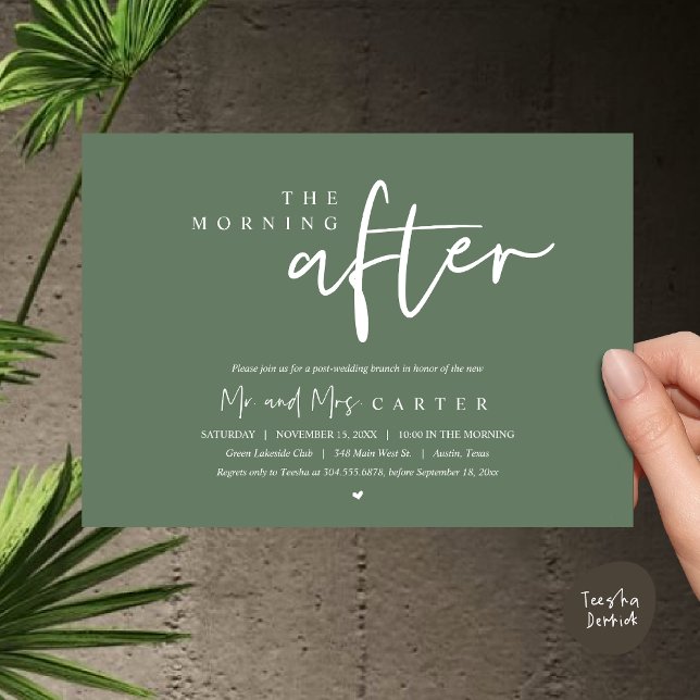 Invitation Le lendemain matin, brunch post-mariage (The Morning After, Post Wedding Brunch Invitation Card PDF Beautiful Summer Greenery Sage Green)